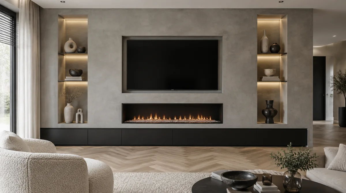 Cinewall in betonlook met sfeerhaard, als voorbeeld van een ontwerp